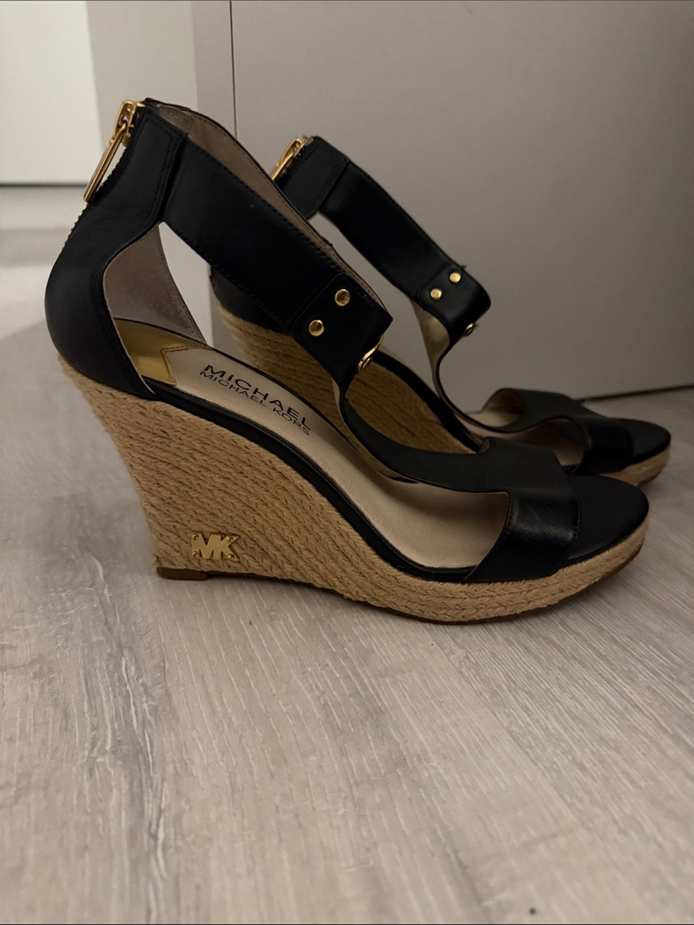 MICHAEL Michael Kors Black Leather Espadrille Wedge Sandals with Gold Accents